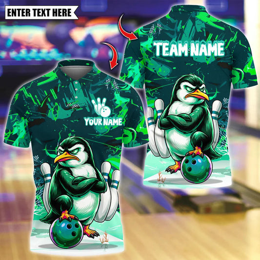 BlueJose Bowling And Pins Grumpy Penguin Customized Name, Team Name 3D Shirt (4 Colors)