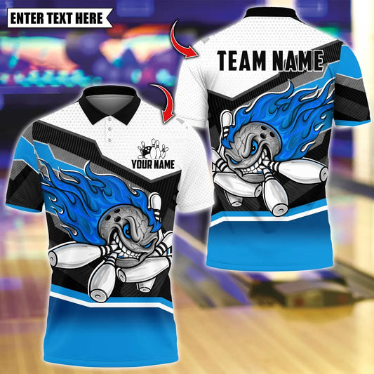 BlueJose Bowling And Pins Flaming Angry Bowling Design Customized Name, Team Name 3D Shirt (4 Colors)