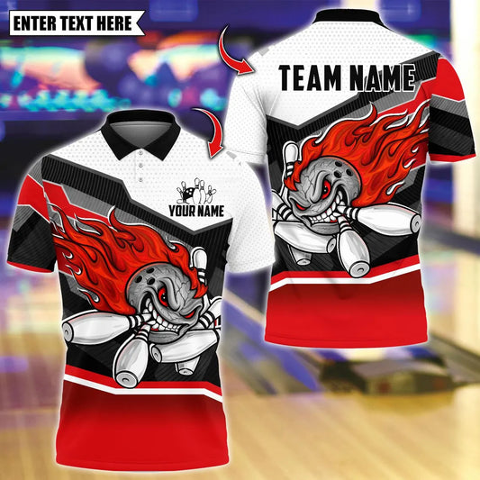 BlueJose Bowling And Pins Flaming Angry Bowling Design Customized Name, Team Name 3D Shirt (4 Colors)