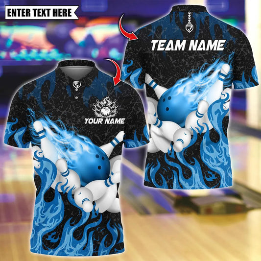 BlueJose Bowling And Pins Flaming Bowling Pins Design Customized Name, Team Name 3D Shirt (4 Colors)