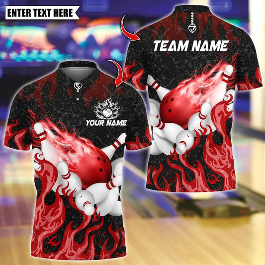 BlueJose Bowling And Pins Flaming Bowling Pins Design Customized Name, Team Name 3D Shirt (4 Colors)
