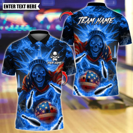 BlueJose Bowling And Pins Skull Liberty Design Customized Name, Team Name 3D Shirt (4 Colors)