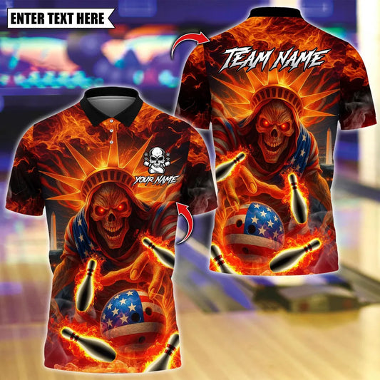 BlueJose Bowling And Pins Skull Liberty Design Customized Name, Team Name 3D Shirt (4 Colors)