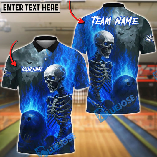 BlueJose Bowling And Pins Flames Bowling Skeleton Design Customized Name, Team Name 3D Shirt (4 Colors)