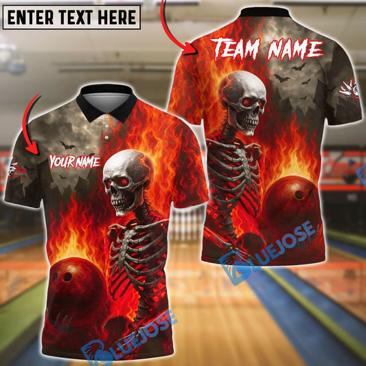 BlueJose Bowling And Pins Flames Bowling Skeleton Design Customized Name, Team Name 3D Shirt (4 Colors)