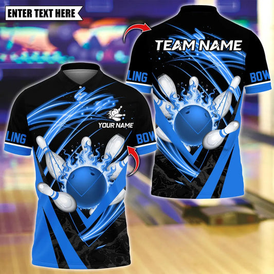 BlueJose Bowling And Pins Flame Strike Swirl Down Customized Name, Team Name 3D Shirt (4 Colors)