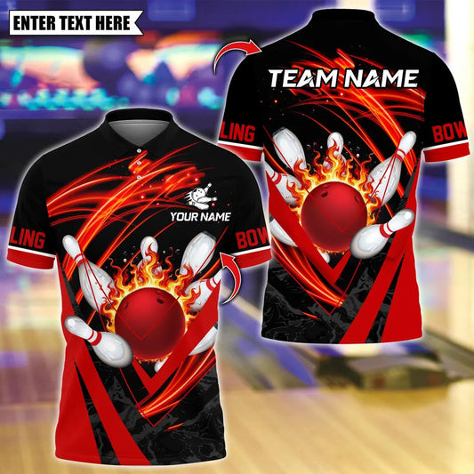 BlueJose Bowling And Pins Flame Strike Swirl Down Customized Name, Team Name 3D Shirt (4 Colors)