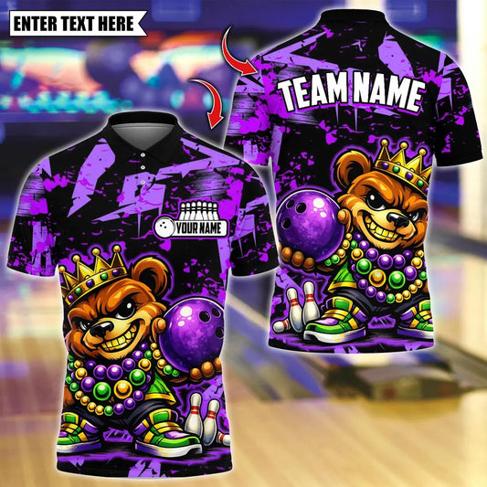 BlueJose Bowling And Pins  King Mardi Gras Teddy Bear Customized Name, Team Name 3D Shirt (4 Colors)