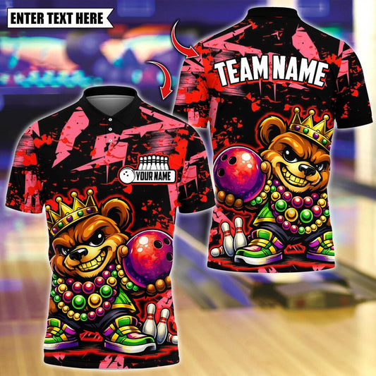 BlueJose Bowling And Pins  King Mardi Gras Teddy Bear Customized Name, Team Name 3D Shirt (4 Colors)