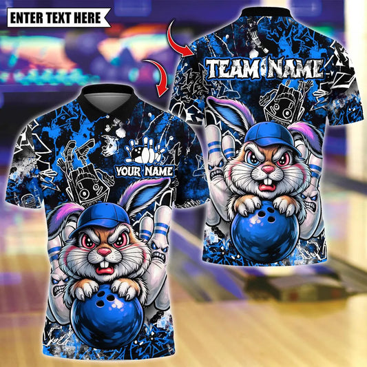 BlueJose Bowling And Pins  Bunny With Angry Pins Design Customized Name, Team Name 3D Shirt (4 Colors)