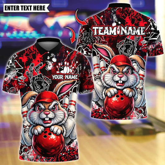BlueJose Bowling And Pins  Bunny With Angry Pins Design Customized Name, Team Name 3D Shirt (4 Colors)