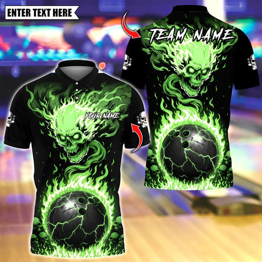 BlueJose Bowling And Pins Flaming Skull Up Ball Customized Name, Team Name 3D Shirt (4 Colors)