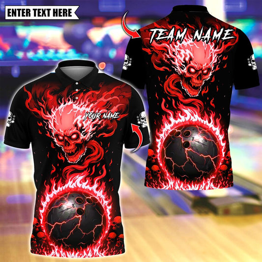 BlueJose Bowling And Pins Flaming Skull Up Ball Customized Name, Team Name 3D Shirt (4 Colors)