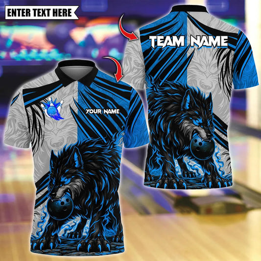 BlueJose Bowling And Pins Flame Wolf Dark Scratch Customized Name, Team Name 3D Shirt (4 Colors)