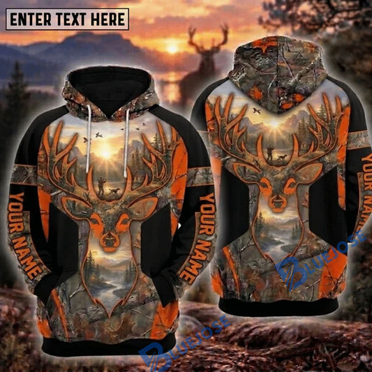 BlueJose Deer Hunting Hunter And Dog Mountain Lake Sunset Buck Head Camo Personalized Hoodie Custom Name 3D Shirt