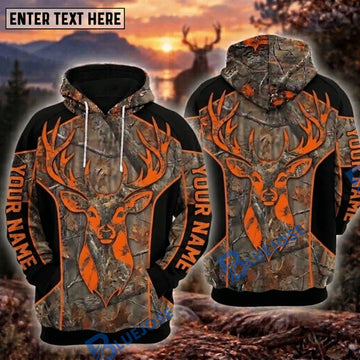 BlueJose Deer Hunting Orange Buck Head Black And Camo Personalized Hoodie Custom Name 3D Shirt