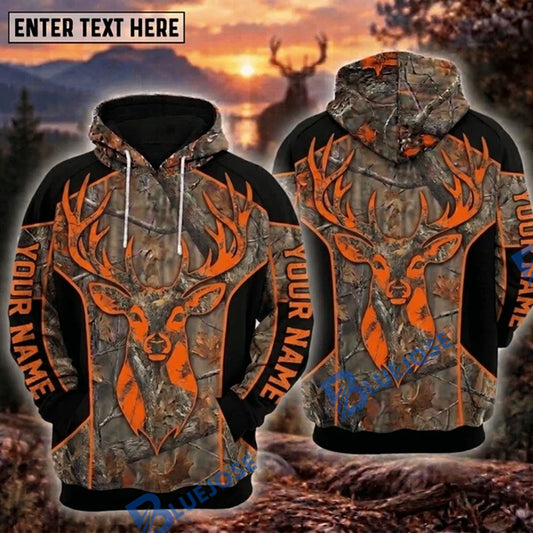 BlueJose Deer Hunting Orange Buck Head Black And Camo Personalized Hoodie Custom Name 3D Shirt
