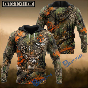 BlueJose Deer Hunting Orange Camo Whitetail Buck Grunge Forest Multiple Options Personalized Name 3D Hoodie
