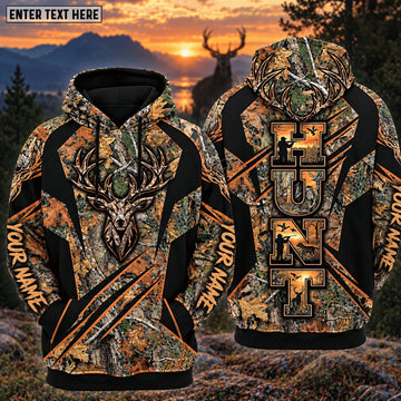 BlueJose Deer Hunting Hunt Vertical Hunter Silhouette Fall Oak Leaves Camo Buck Head Personalized Hoodie Your Name 3D Hoodie