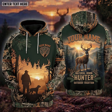 BlueJose Deer Hunting Natural Born Hunter Outdoor Tradition Hunter And Dog Sunset Mountain Buck Personalized Hoodie Your Name 3D Hoodie