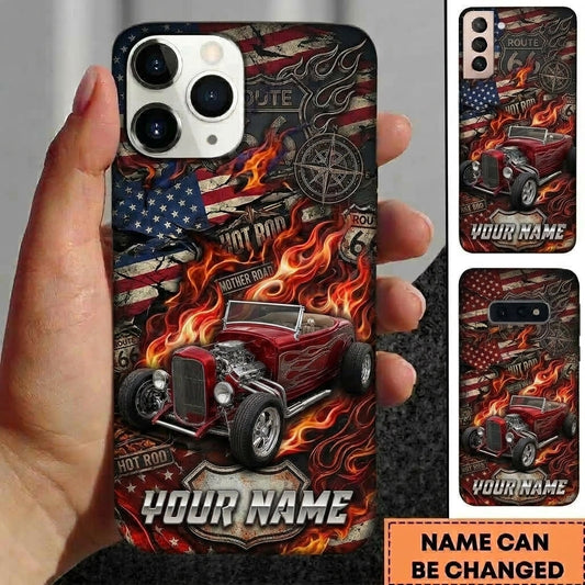 BlueJose Hot Rod T Bucket Red Roadster American Flag Route 66 Compass Flames Personalized Phone Case