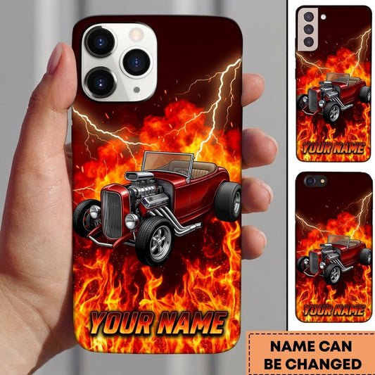 BlueJose Hot Rod T Bucket Red Roadster Inferno Flames Lightning Personalized Phone Case