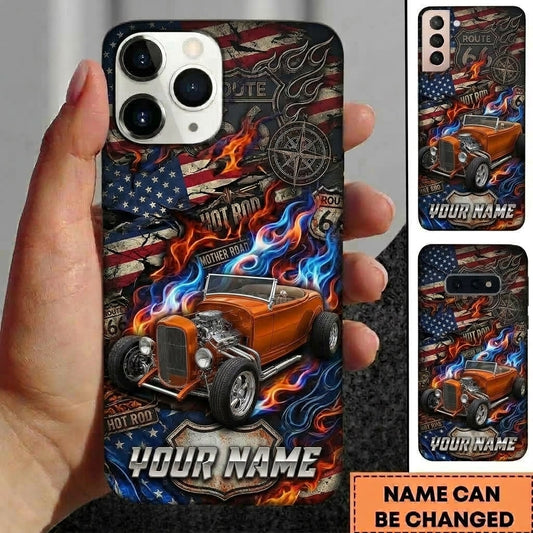 BlueJose Hot Rod T Bucket Orange Roadster American Flag Route 66 Mother Road Flames Personalized Phone Case