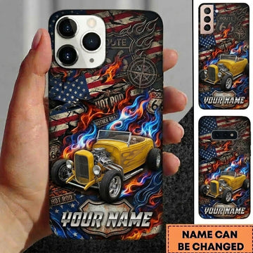 BlueJose Hot Rod T Bucket Yellow Roadster American Flag Route 66 Compass Flames Personalized Phone Case