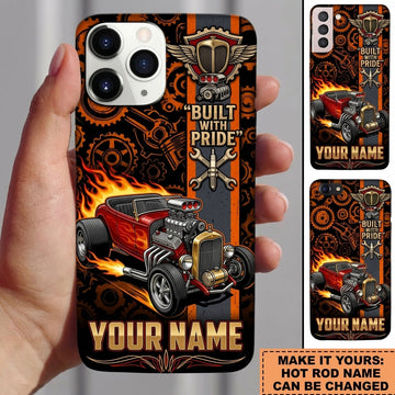 BlueJose Hot Rod T Bucket Built With Pride Red Roadster Gears Flames Personalized Phone Case