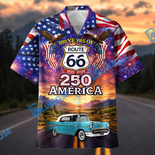 Bluejose 100 Years of Route 66 & America 250th Anniversary Vintage Car Patriotic Hawaiian Shirt