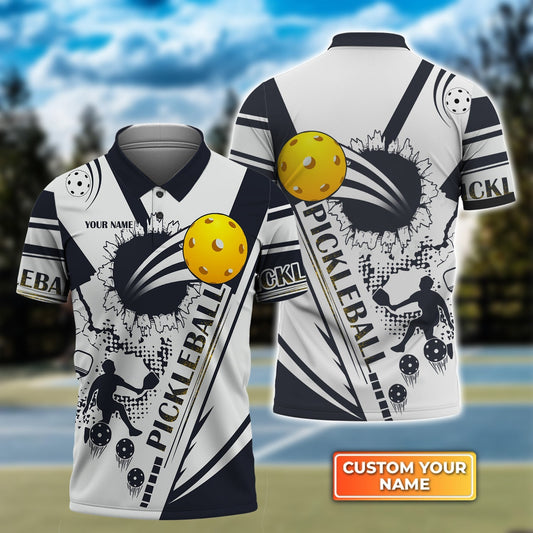 Pickleball Black And White Personalized Name 3D Polo Shirt Gift For Pickleball Player