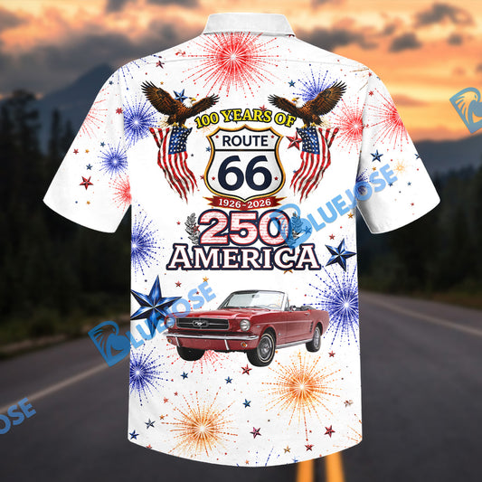 Bluejose 100 Years of Route 66 & America 250th Anniversary Classic Red Mustang Patriotic White Hawaiian Shirt