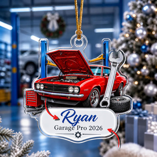 Bluejose Custom Name Car Mechanic Ornament – Red Muscle Car on Lift with Wrench