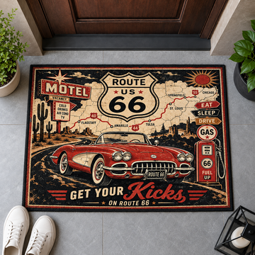 BlueJose Vintage Route 66 Doormat – “Get Your Kicks on Route 66” Retro Red Convertible Road Trip Welcome Mat
