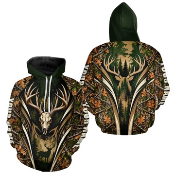 BlueJose Best Whitetail Deer Hunting Hoodie Shirt For Men Custom Deer Skull Forest Timber Camo