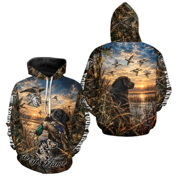 BlueJose Black Labrador Duck Hunting With Dog Waterfowl Camo Custom Name All-Over-Printed Hoodie
