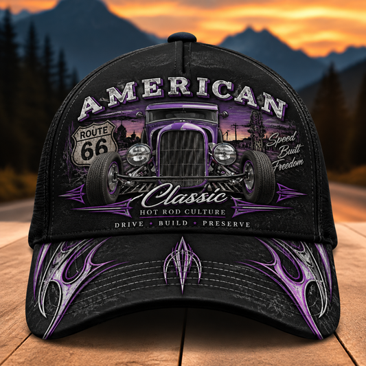 BlueJose Personalized Car American Classic Hot Rod Culture Cap – Route 66 Purple Flame Baseball Hat