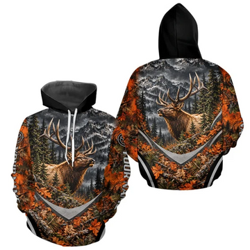 BlueJose Elk Hunting Shirt For Men Custom Autumn Mountain Wildlife Pullover Hoodie
