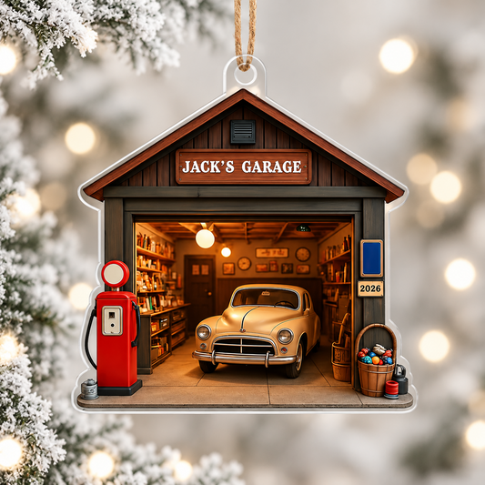 Bluejose Personalized Garage Ornament – Custom Name Classic Car Garage Christmas Ornament
