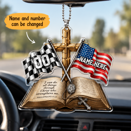 Bluejose Personalized Racing Us Flag Cross Car Hanging Ornament