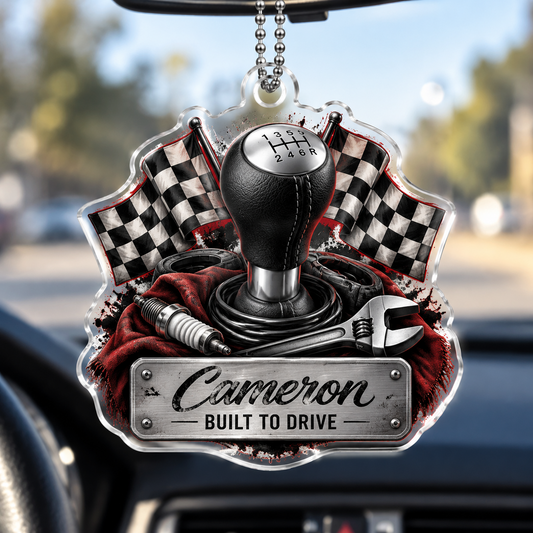 Bluejose Custom Name Racing Car Charm – Shift Knob, Wrench & Checkered Flag Hanger