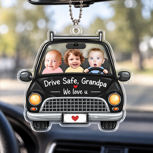 Bluejose Custom Photo Car Ornament – 'Drive Safe, Grandpa' Personalized Kids Photo Hanger