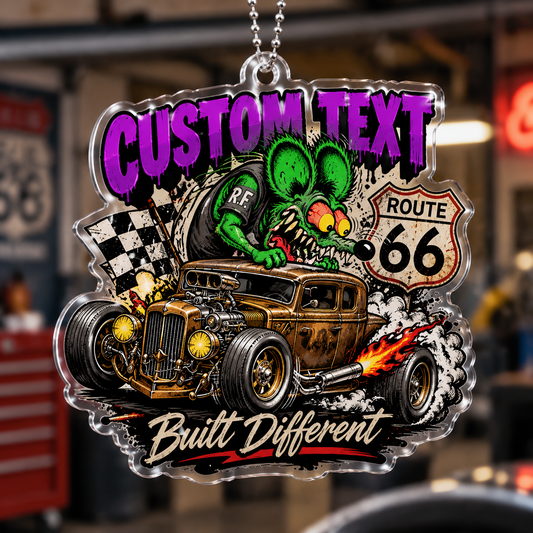 Bluejose Rat Fink Hot Rod Custom Text Car Ornament – Route 66 'Built Different' Hanger