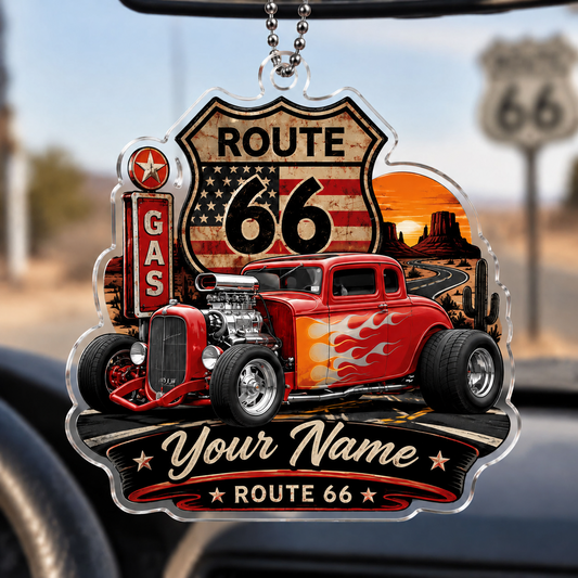 Bluejose Route 66 Hot Rod Car Charm – Vintage Gas Station Desert Hanging 2D Ornament