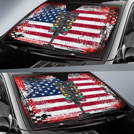 BlueJose Drag Racing USA Windshield Sun Shade - Interior Heat Blocker UV Protection