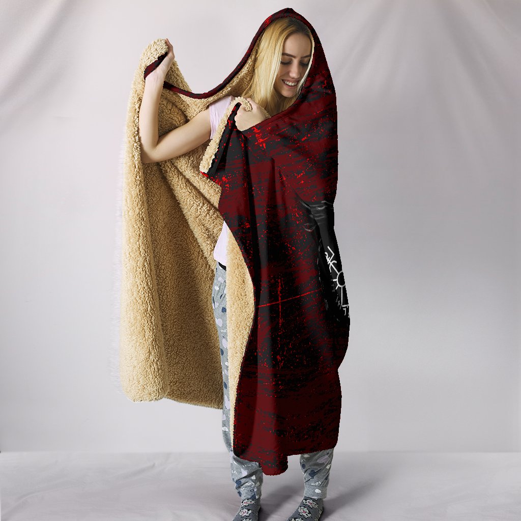 Viking Style - Hooded Blanket Raven of Odin and Symbol Viking on Blood Background A27