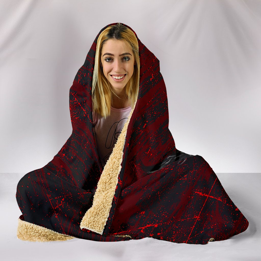 Viking Style - Hooded Blanket Raven of Odin and Symbol Viking on Blood Background A27