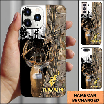 BlueJose Hunting Phone Case Whitetail Deer Lightning Split Forest Camo Art Personalized Name Phone Case (4 colors)