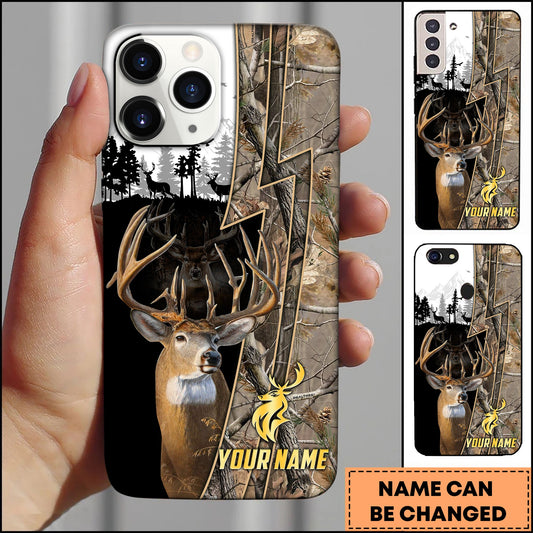 BlueJose Hunting Phone Case Whitetail Deer Lightning Split Forest Camo Art Personalized Name Phone Case (4 colors)