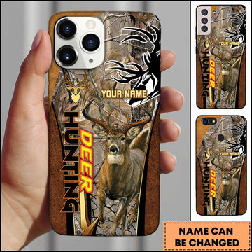 BlueJose Hunting Phone Case Running Whitetail Deer Vertical Typography Leather Camo Design Personalized Name Phone Case (4 colors)